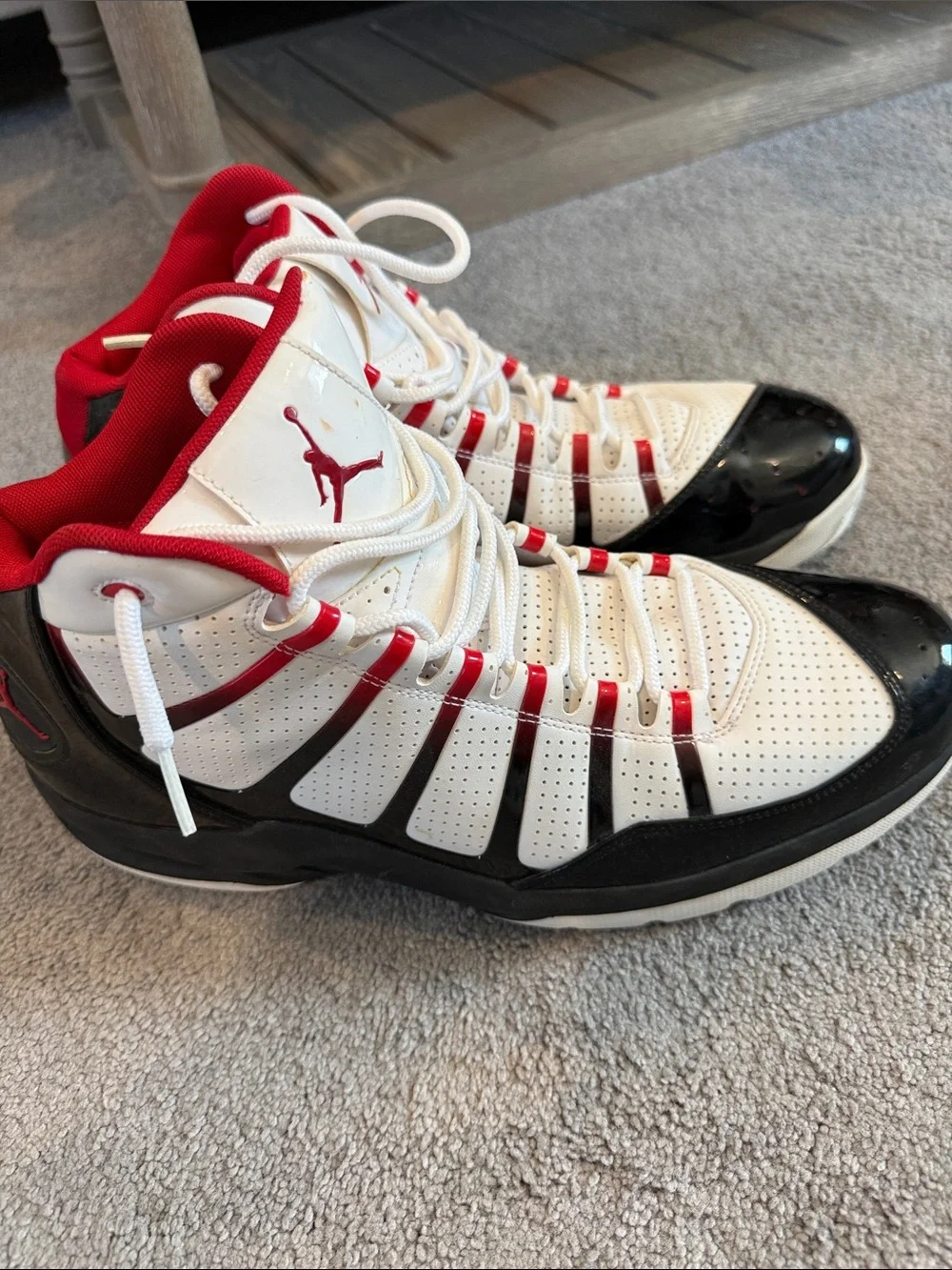 Jordan High-Top Basketball Sneakers in White, Red & Black